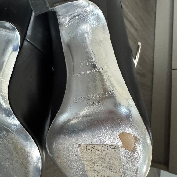 Givenchy Black Leather Silver Bar Heeled Bootie 38.5 Point Toe Kitten Heel Boots - Picture 6 of 6